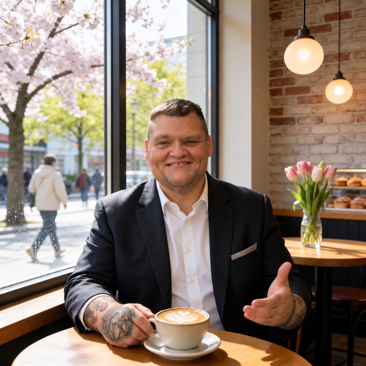 Ben Antkowiak having a coffee conversation with his tattooed forearms visible