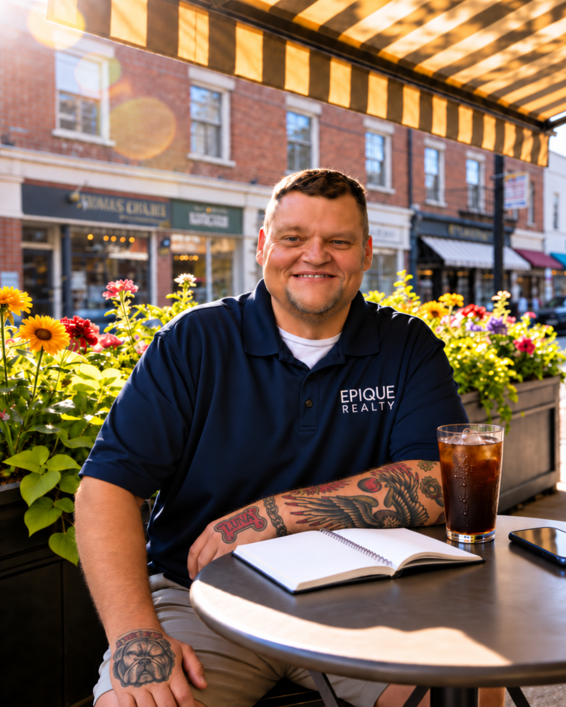 Ben Antkowiak in an Epique Realty navy polo at a neighborhood café with his tattooed arms visible