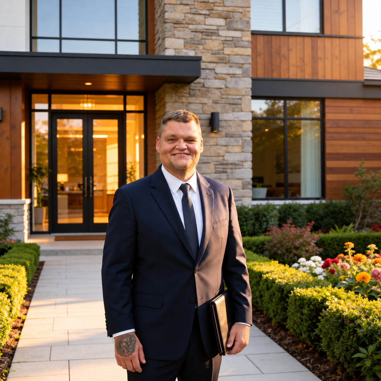 Ben Antkowiak in a navy suit outside a modern home with his hand tattoo visible